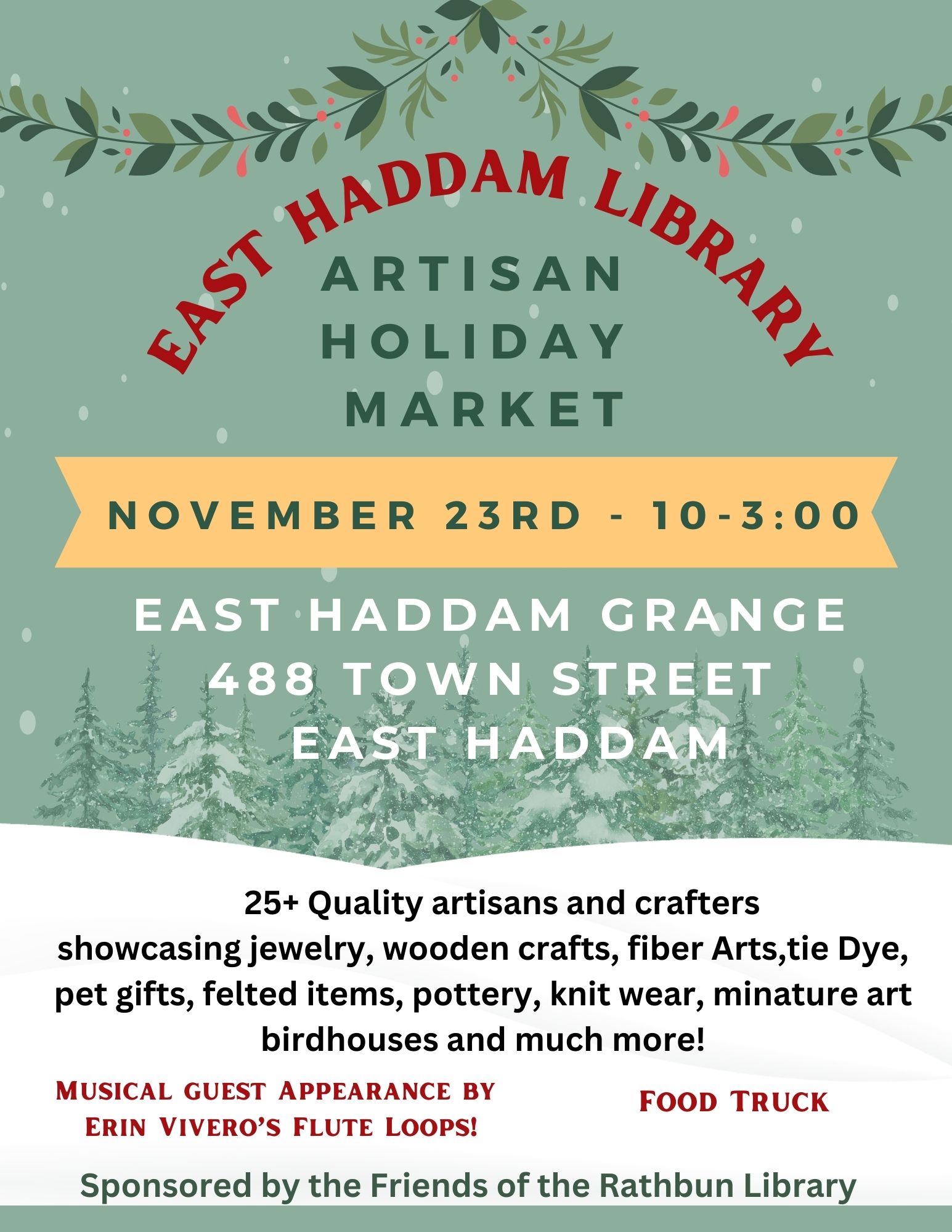 East Haddam Library Holiday Artisan Market 11/23, 10-3, East Haddam Grange Hall